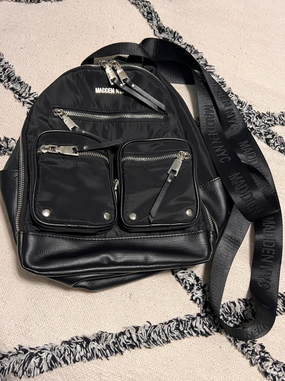 Madden NYC Women's Core Mini Backpack Black with silver accents approx 12”x9”x4”